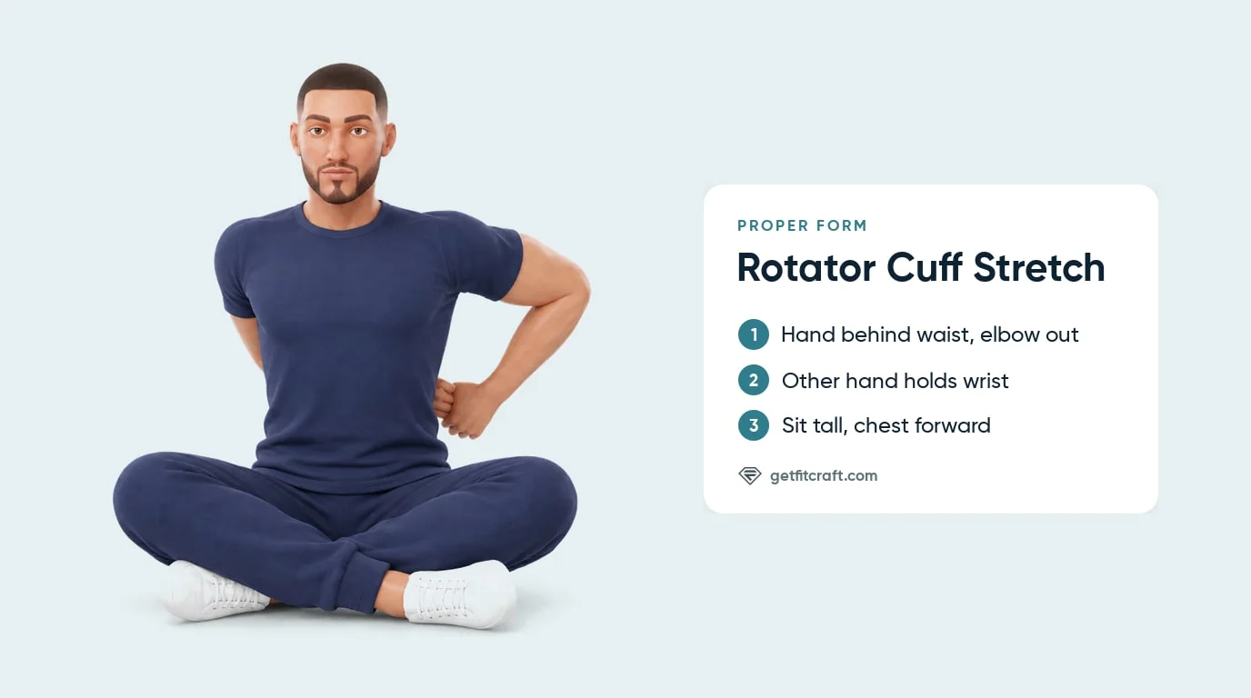 Rotator cuff stretch proper form, seated front view: one hand behind the waist, elbow out, the other hand holding that wrist