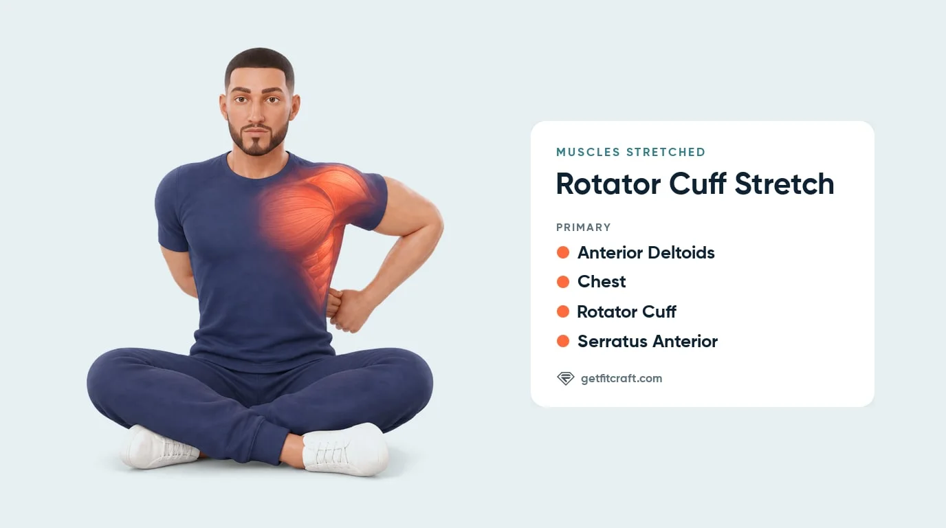 Rotator cuff stretch muscles stretched: anterior deltoids, chest, rotator cuff and serratus anterior on one side, seated