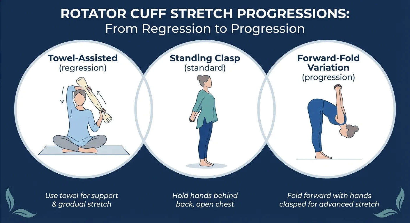 Rotator cuff stretch progressions from towel-assisted version to standing clasp to forward fold variation