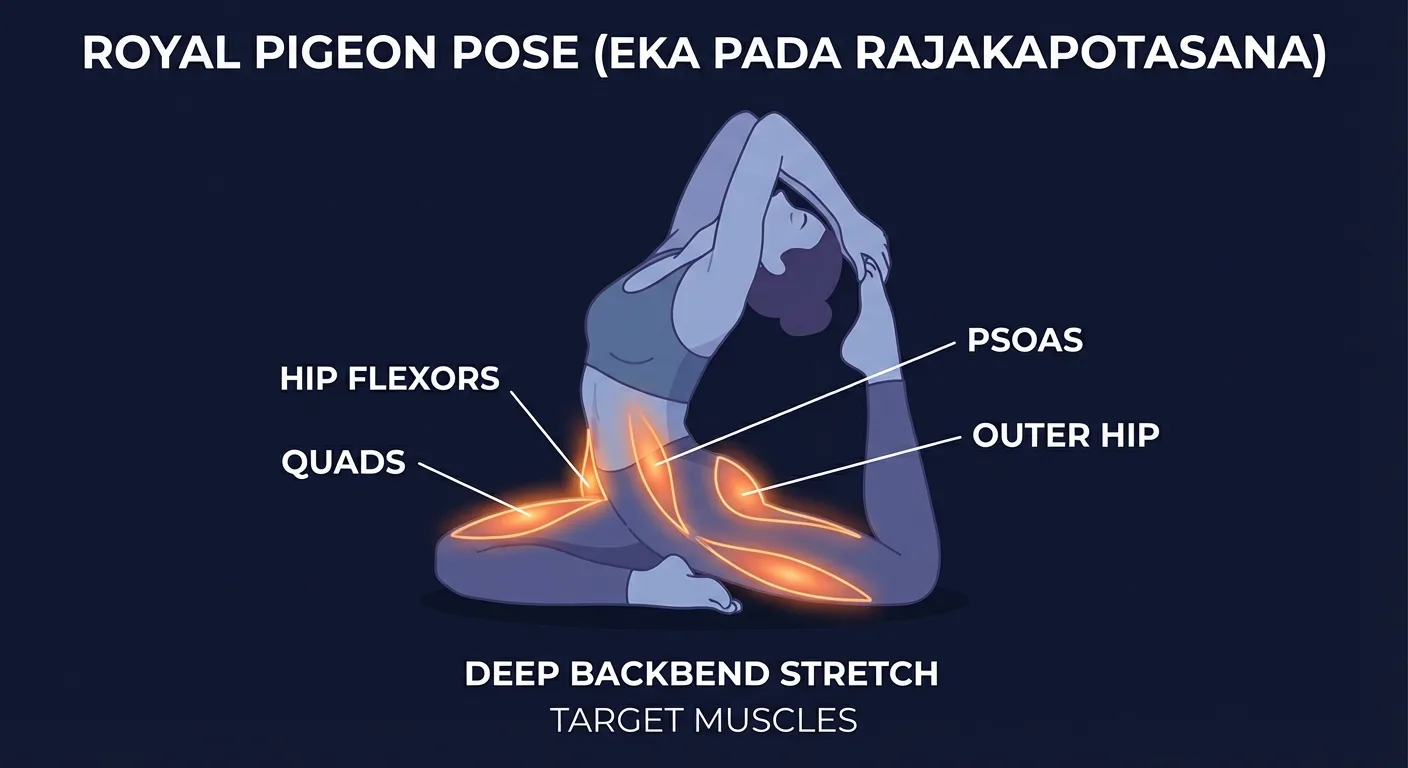 Royal pigeon pose muscles targeted diagram highlighting hip flexors, quads, psoas, outer hip, and spinal extensors