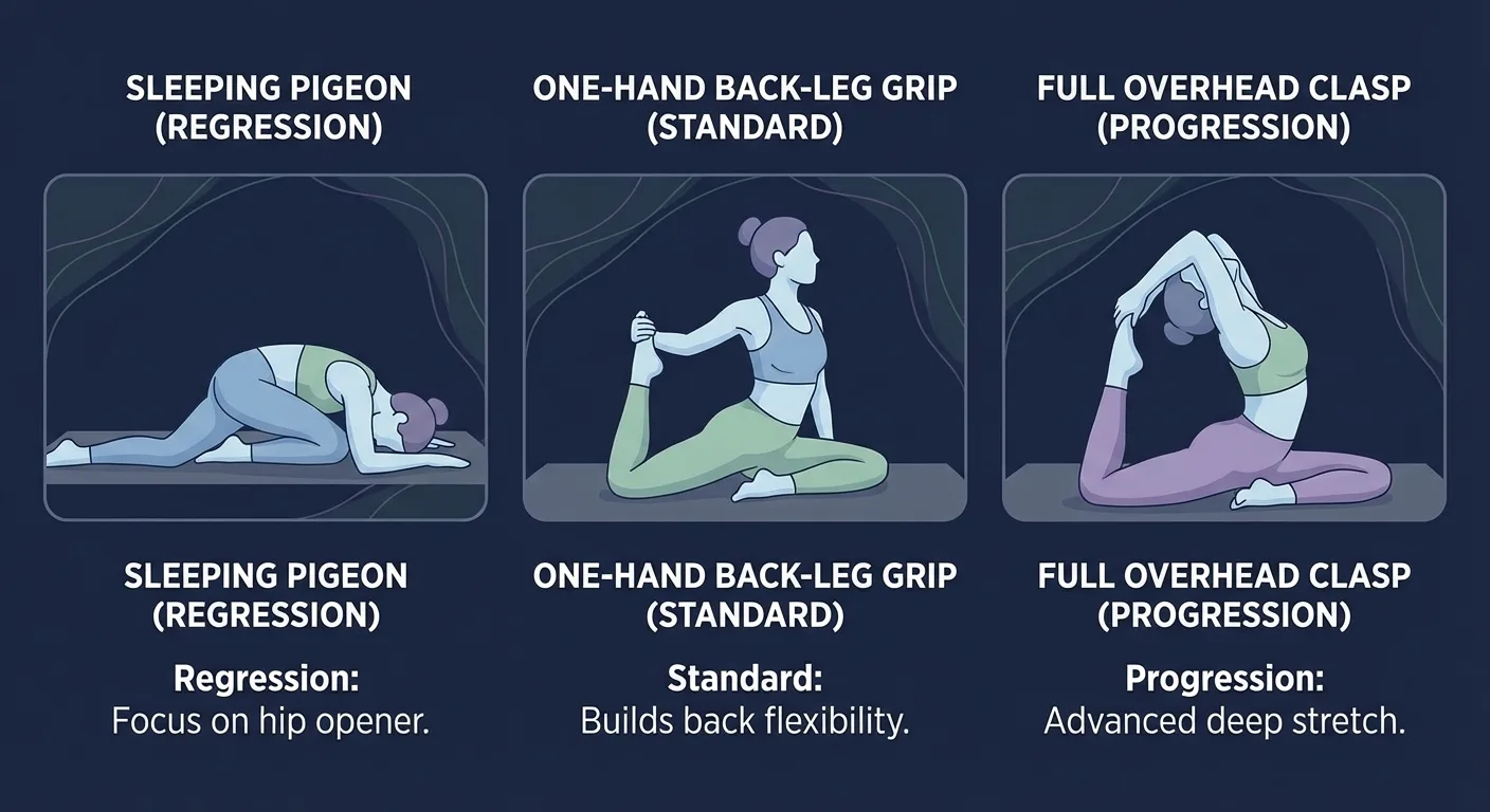 Royal pigeon pose progressions from sleeping pigeon to one-hand back leg grip to full overhead clasp