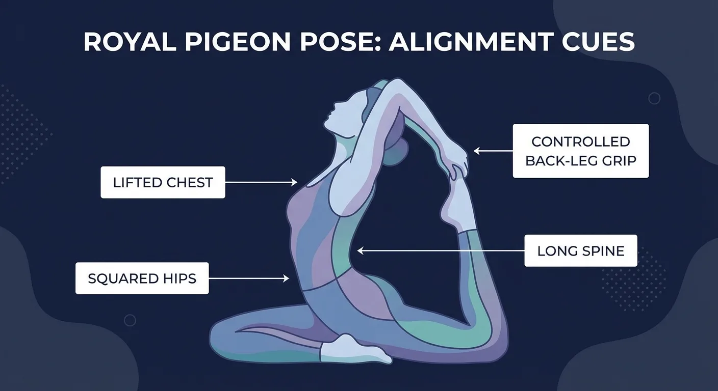 Royal pigeon pose proper form showing squared hips, lifted chest, bent back leg, and foot drawn toward head