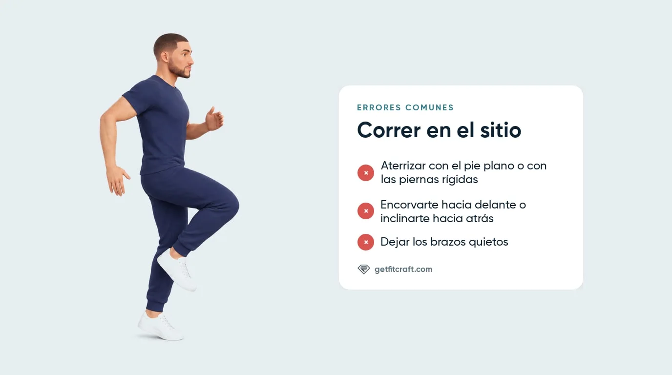 Errores al correr en el sitio junto a la técnica correcta: torso erguido, brazos en movimiento y una rodilla elevada