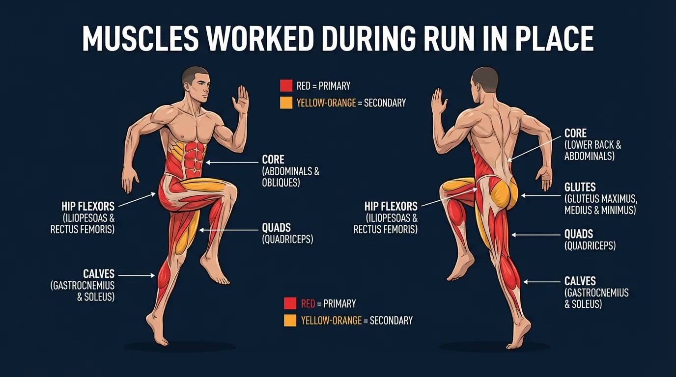 Running in place muscles targeted diagram showing quadriceps, calves, hip flexors, and core highlighted on a human figure