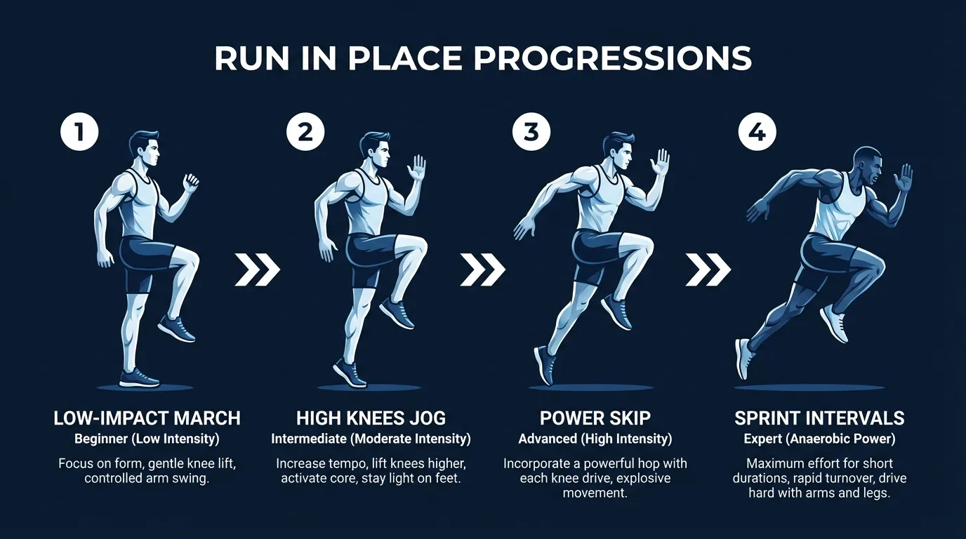 Running in place variations from beginner march in place to advanced sprint in place with high knees