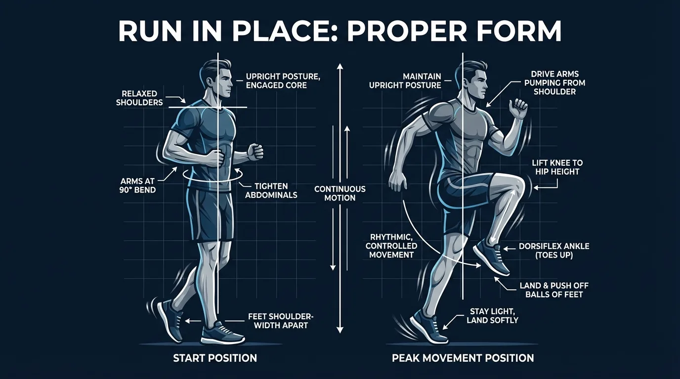 Running in place proper form visual guide showing correct upright posture, knee height, ball-of-foot landing, and arm drive