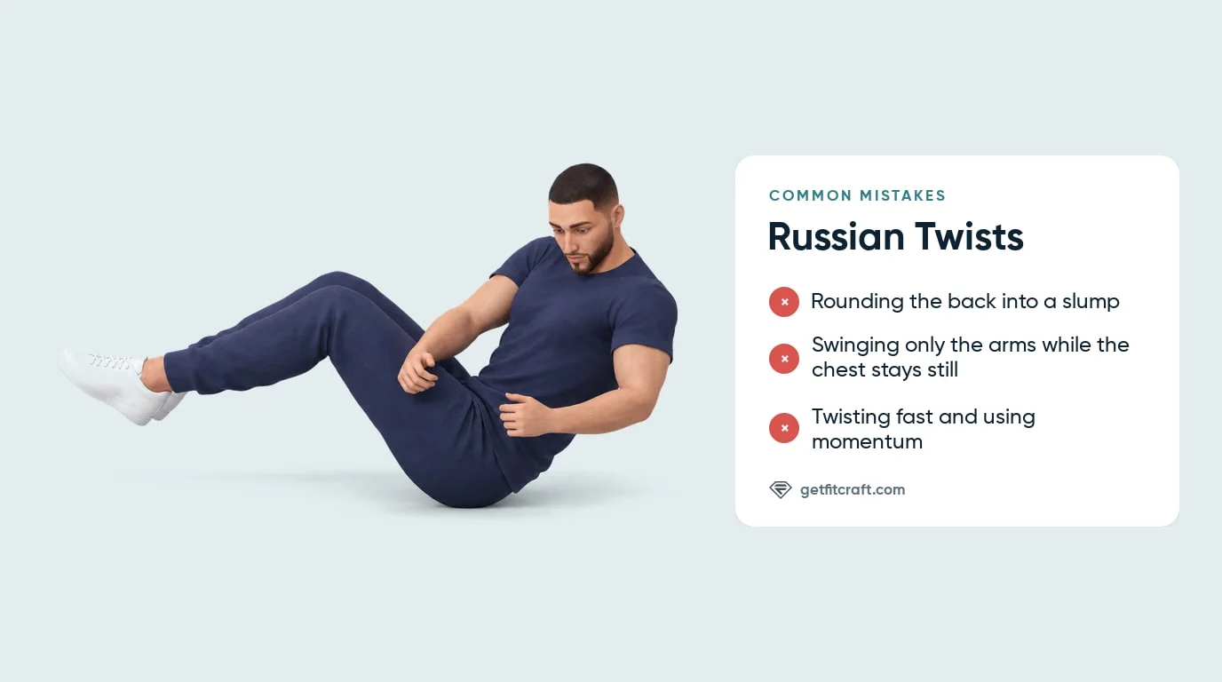 Russian twists common mistakes listed beside the correct pose: chest up, back long, feet lifted, empty hands by one hip