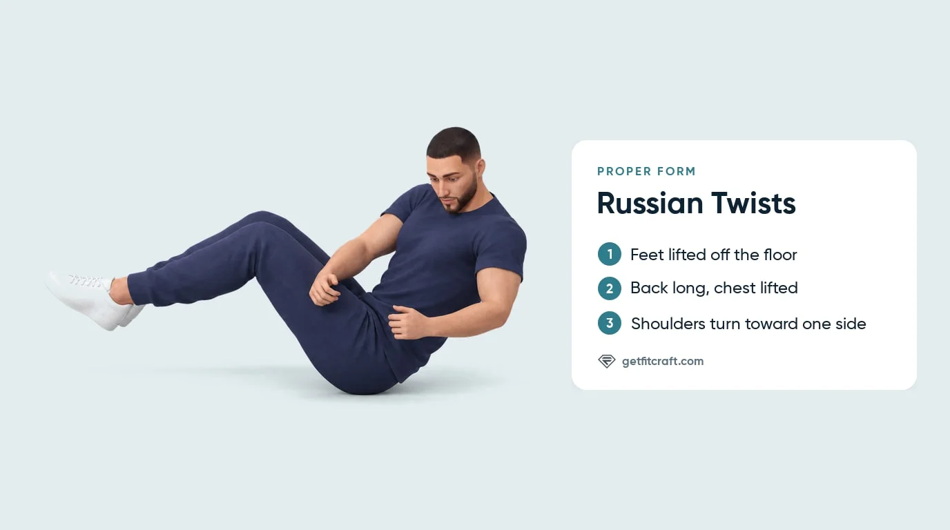 Russian twists proper form: leaning back with a long back, chest lifted, feet off the floor, shoulders turned to one side