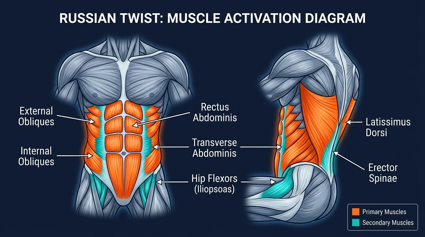 Russian twist muscles worked: internal and external obliques rotate the trunk while the rectus abdominis, transverse abdominis, hip flexors, and spinal erectors stabilize the seated lean