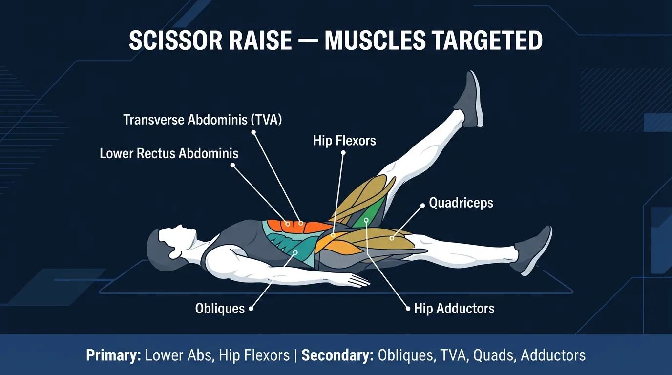 Scissor raise muscles targeted diagram showing rectus abdominis and hip flexors as primary movers with obliques, transverse abdominis, quadriceps, and adductors as secondary muscles