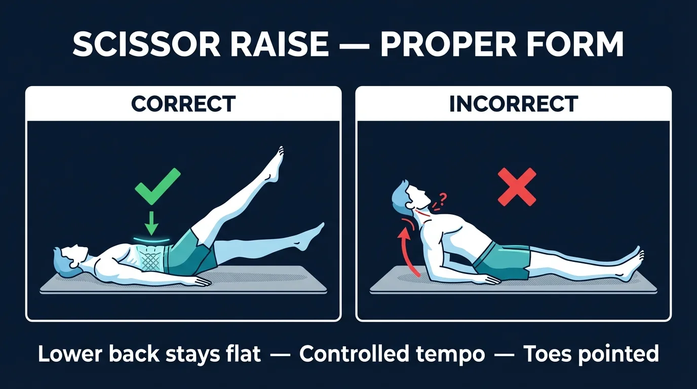 Scissor raise proper form showing supine position with lower back pressed into floor, one leg raised to 45 degrees and the other hovering 3 inches above the mat
