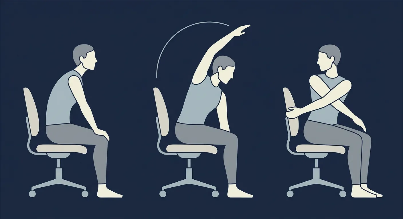Seated cat cow progression sequence: basic seated cat cow on a chair, seated cat cow with arm reach overhead, and seated cat cow with thread the needle adding thoracic rotation