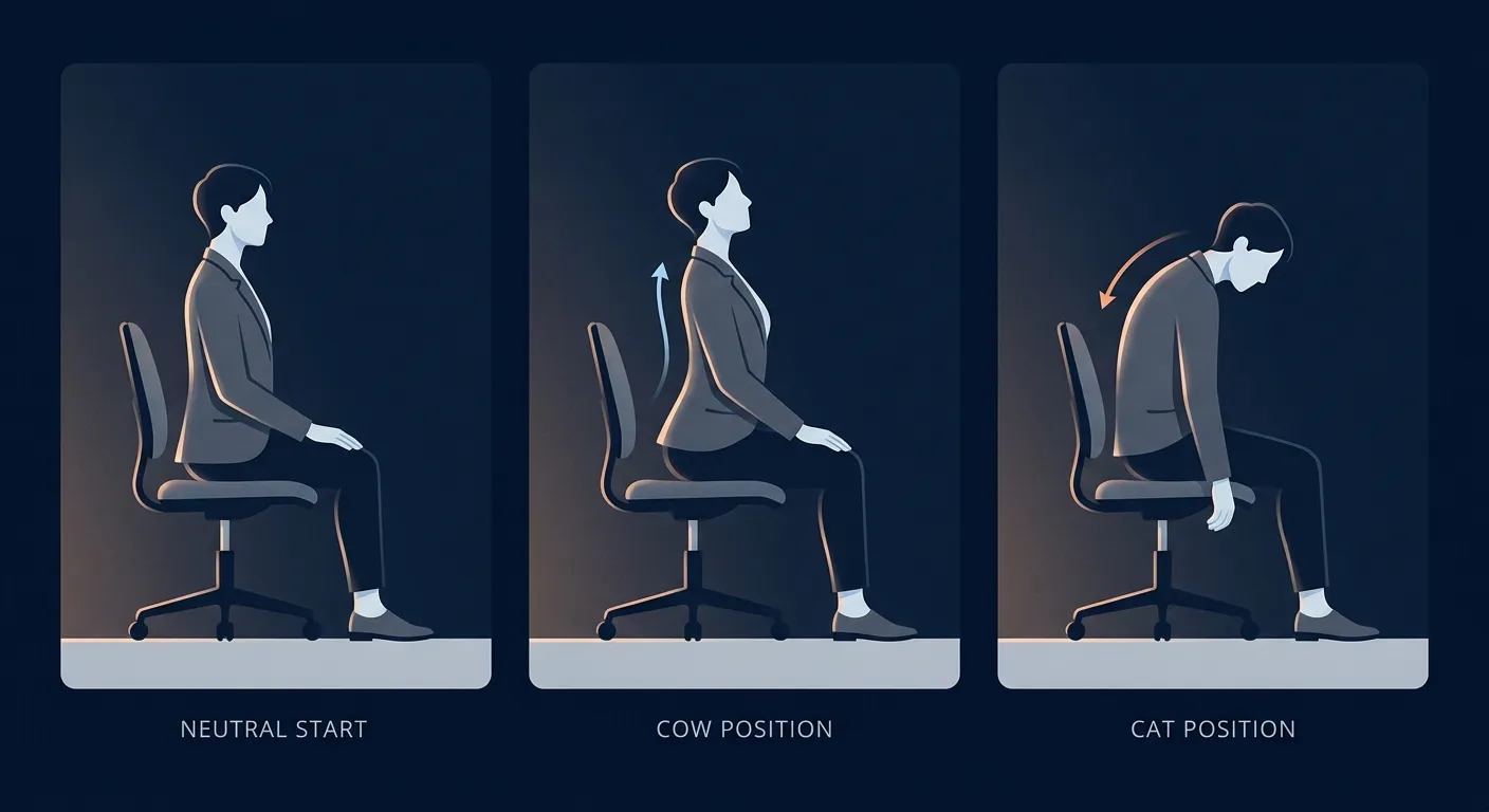 Seated cat cow proper form sequence: neutral upright seated start, seated cow (inhale, chest lifted, gentle arch), and seated cat (exhale, spine rounded, chin tucked)
