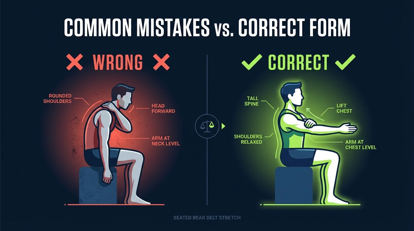 Common mistakes in the seated rear delt stretch showing incorrect hunched posture with arm pulled across neck versus correct tall spine with arm horizontally across chest and shoulders relaxed