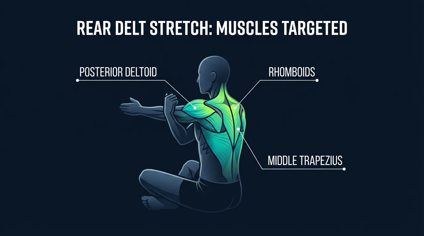 Seated rear delt stretch muscles targeted diagram showing posterior deltoid, rhomboids, middle trapezius, and infraspinatus highlighted on a cross-body arm stretch position
