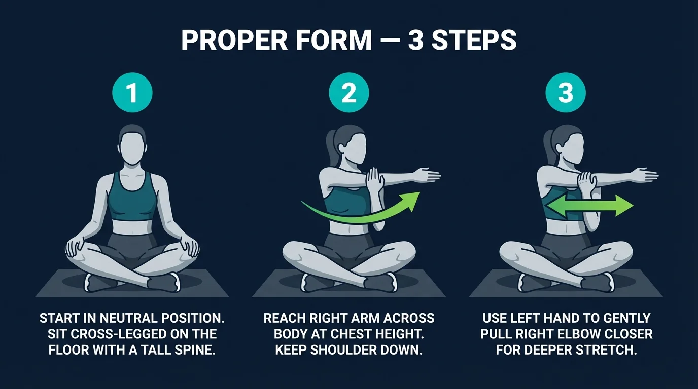 Three-step seated rear delt stretch proper form showing setup in tall cross-legged position, arm crossing horizontally at chest level, and opposite hand applying gentle pressure above the elbow