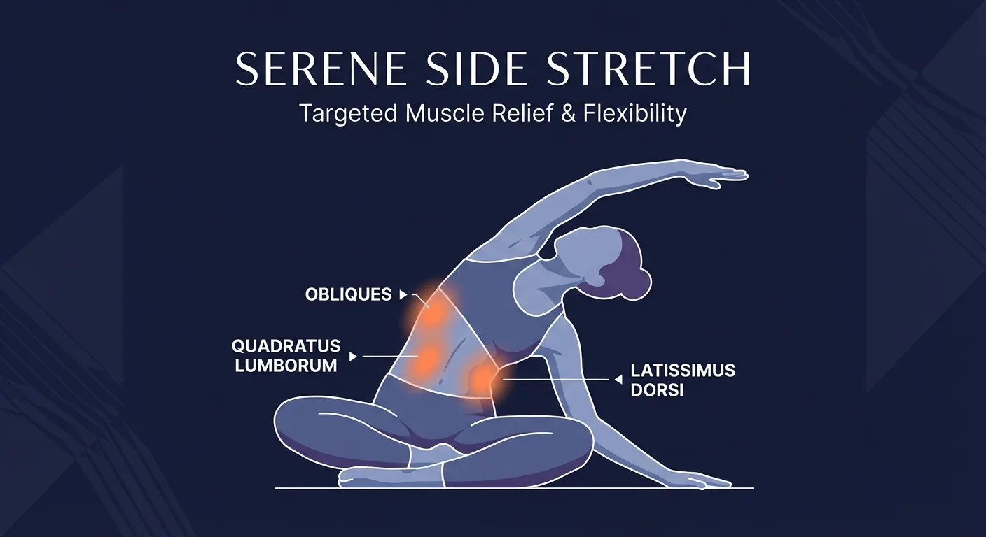 Seated side bend muscles targeted diagram highlighting obliques, quadratus lumborum, latissimus dorsi, and intercostals