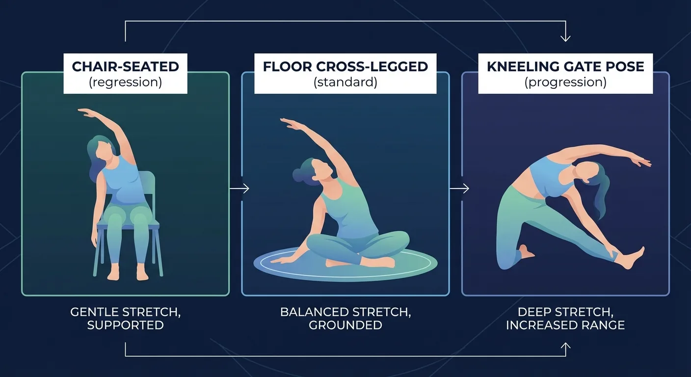 Seated side bend progressions from chair-seated regression to floor-seated standard to kneeling gate pose