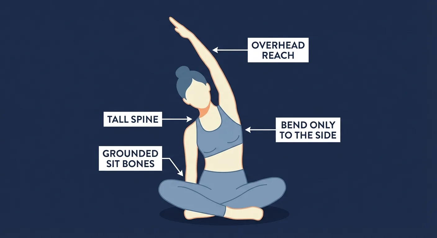 Seated side bend proper form showing grounded sit bones, tall spine, overhead reach, and frontal plane bend