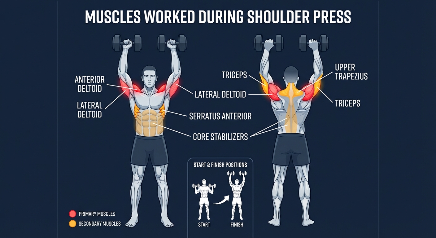 Shoulder press muscles targeted diagram showing anterior deltoid, lateral deltoid, triceps, upper trapezius, and serratus anterior activation during the overhead pressing movement