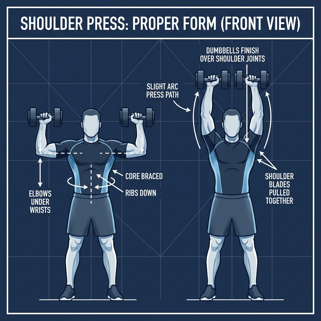 Dumbbell shoulder press proper form showing start position at shoulder height and finish position with arms extended overhead, elbows under wrists, core braced