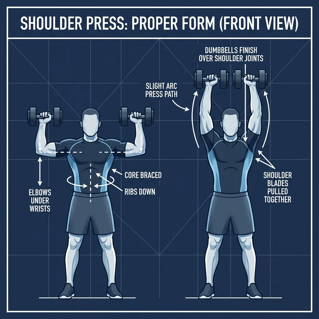 Dumbbell shoulder press proper form with dumbbells starting at shoulder height, elbows under wrists, ribs down, and arms pressing overhead