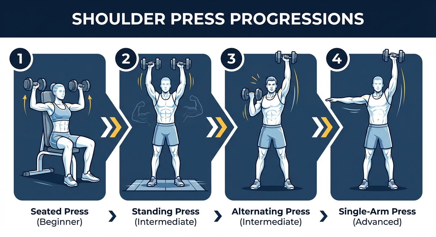 Shoulder press progression from seated dumbbell press to standing dumbbell press to single-arm overhead press