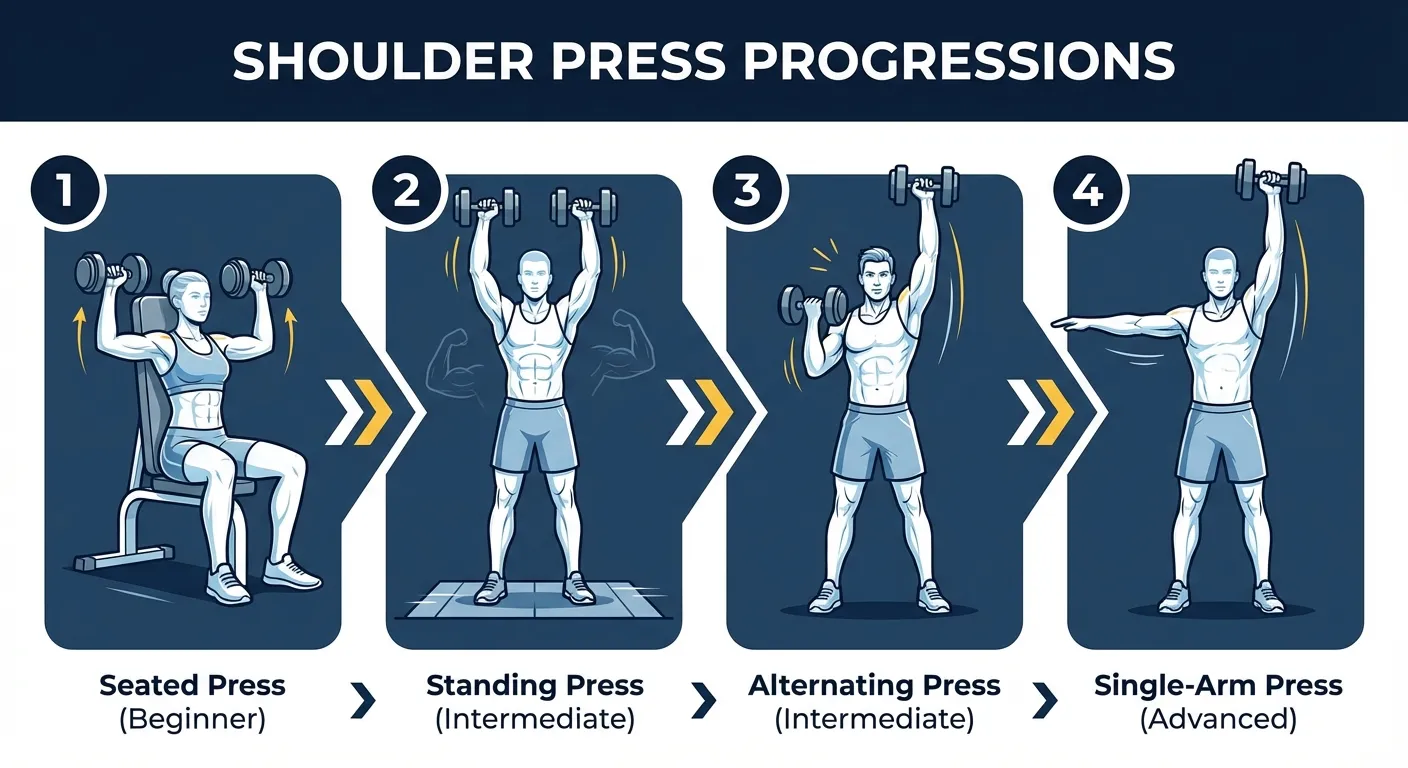 Shoulder press progression from seated dumbbell shoulder press to standing dumbbell shoulder press, alternating press, and single-arm standing press