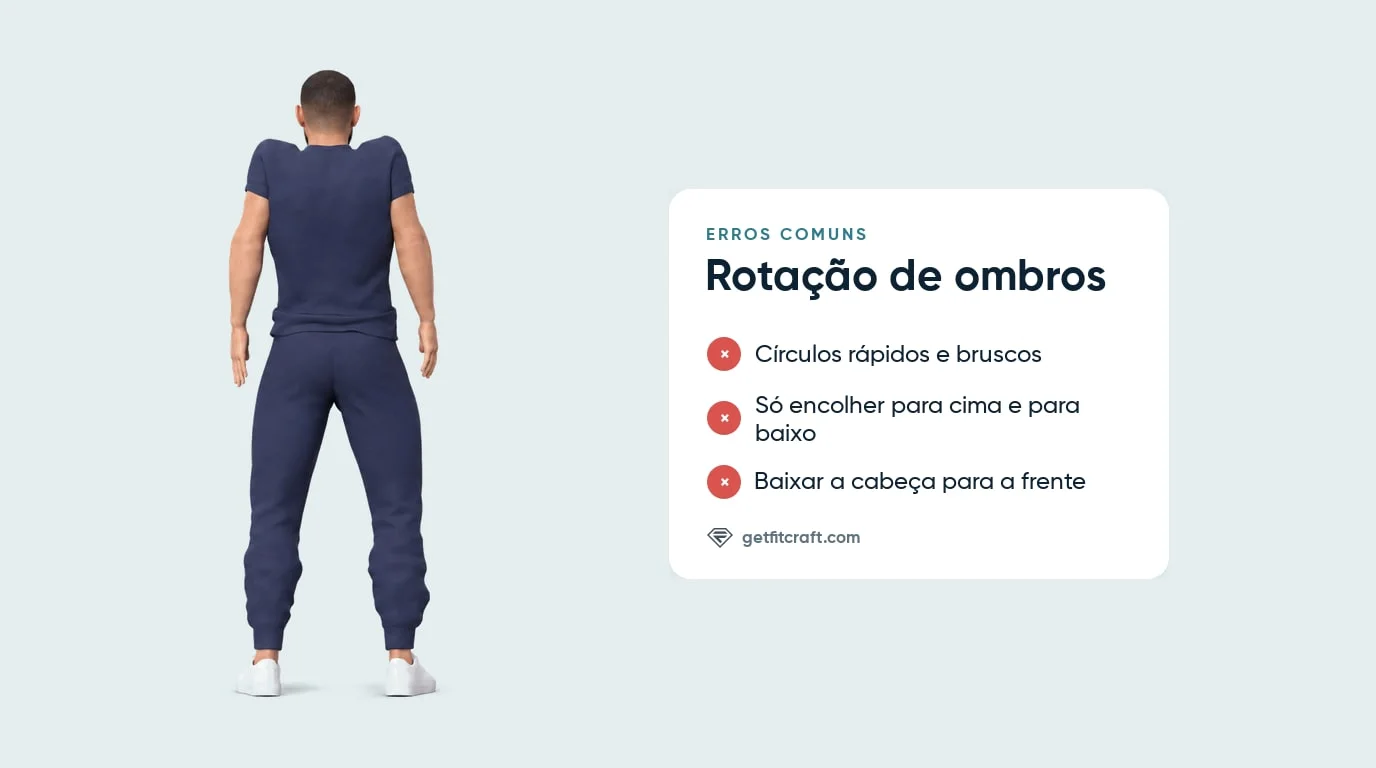 Erros comuns da rotação de ombros ao lado do topo correto do círculo: ombros elevados, braços relaxados