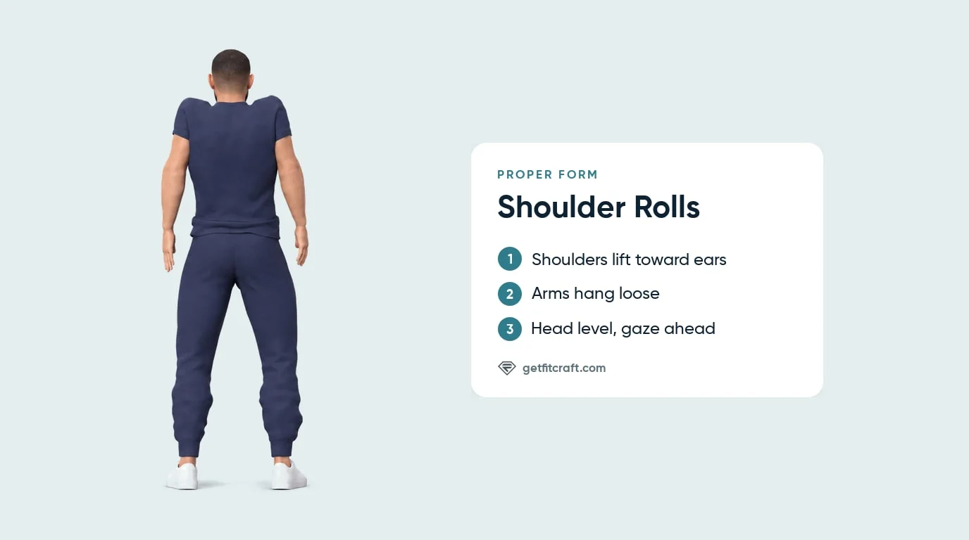 Shoulder rolls exercise proper form, rear view: both shoulders lifted toward the ears, arms hanging loose, head level