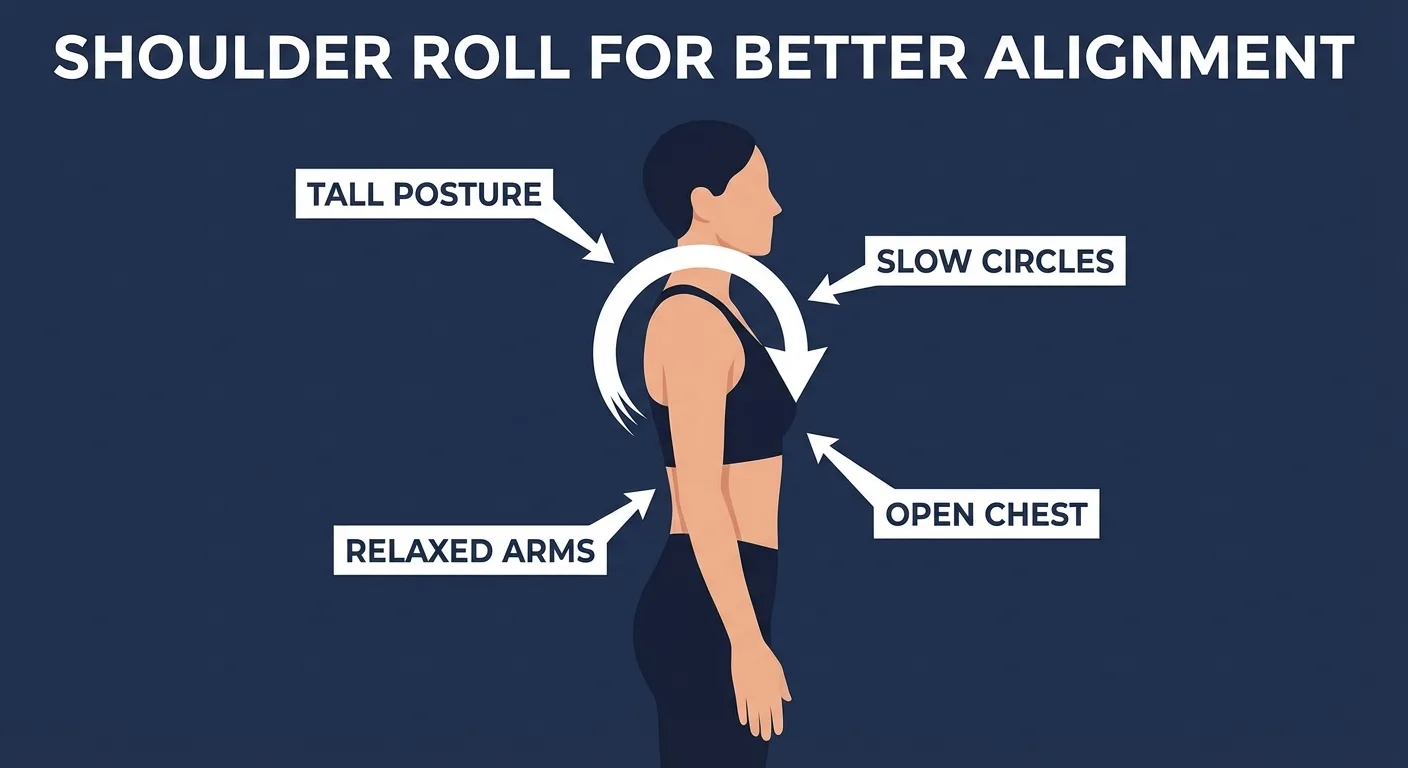Shoulder rolls proper form showing tall posture, relaxed arms, slow circular motion, and open chest