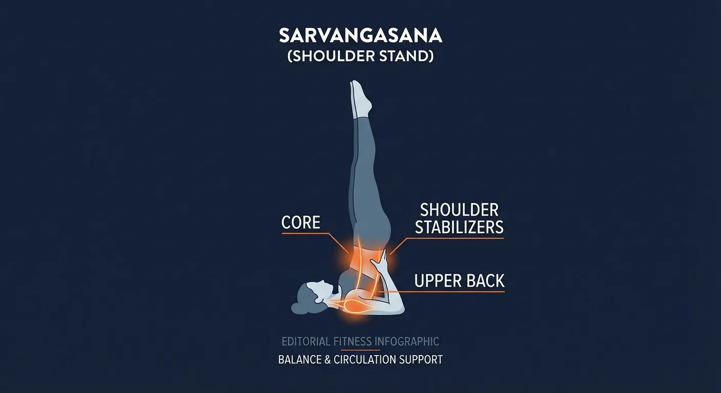 Shoulder stand pose muscles targeted diagram highlighting core, shoulder stabilizers, upper back, and neck support muscles