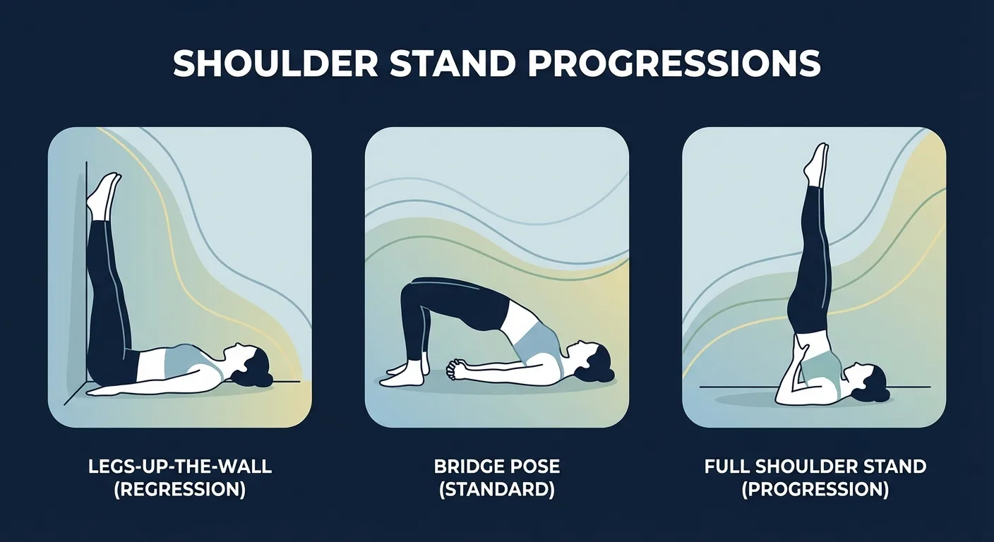 Shoulder stand pose progressions from legs-up-the-wall to bridge pose to supported shoulder stand to full pose