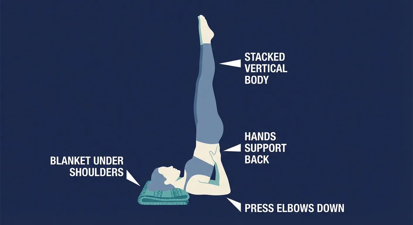 Shoulder stand pose proper form showing blanket under shoulders, stacked body line, hands supporting back, and pressed elbows