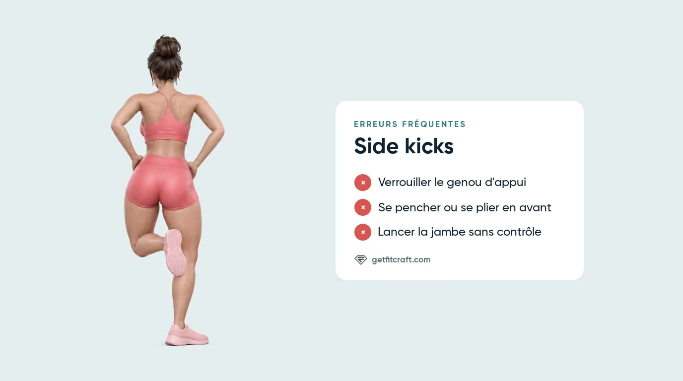Side kicks debout, erreurs courantes à côté de la bonne forme vue de dos : talon vers l'arrière, mains sur les hanches