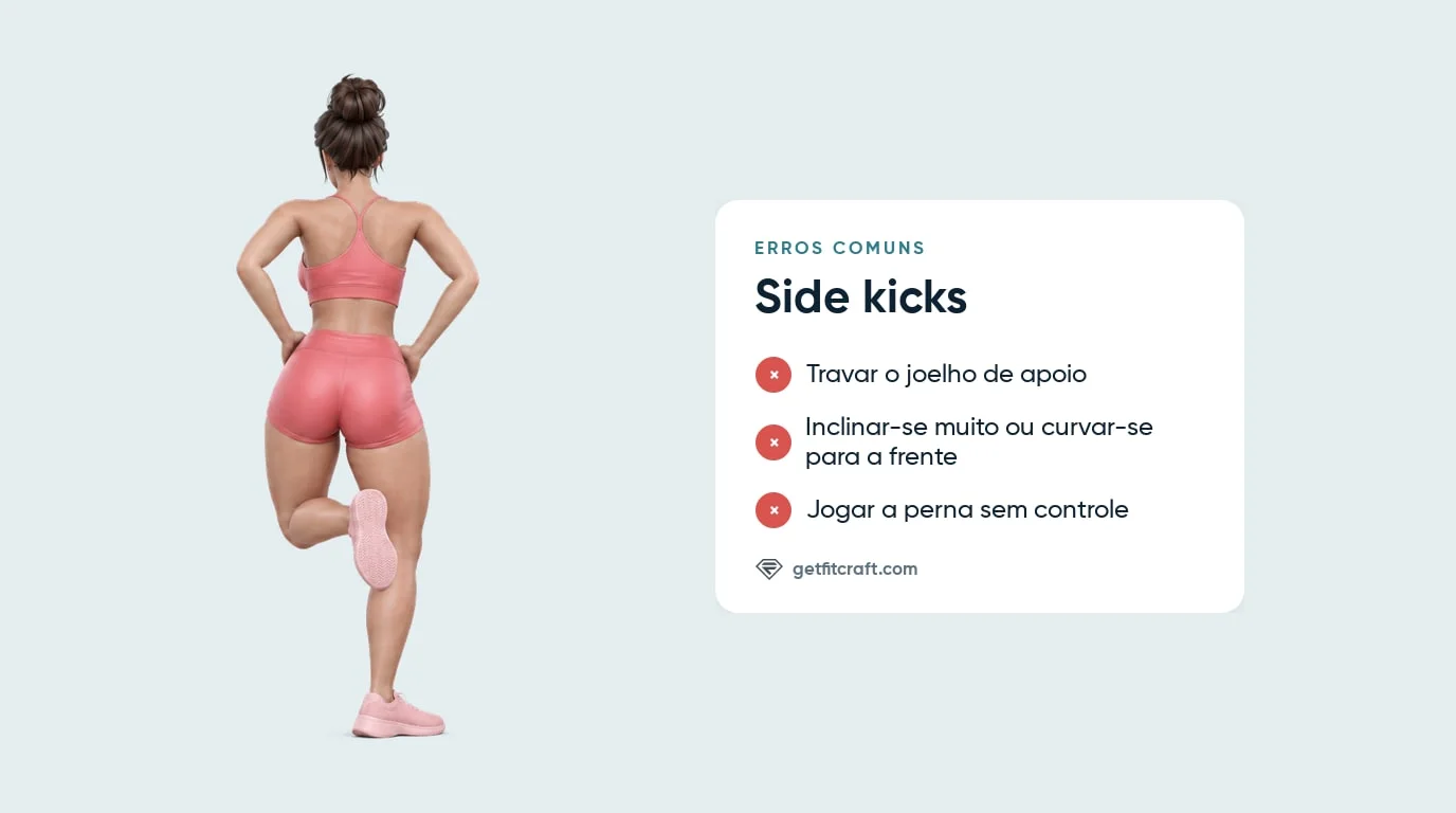 Erros comuns nos side kicks em pé ao lado da técnica correta vista de trás: calcanhar para trás, mãos nos quadris