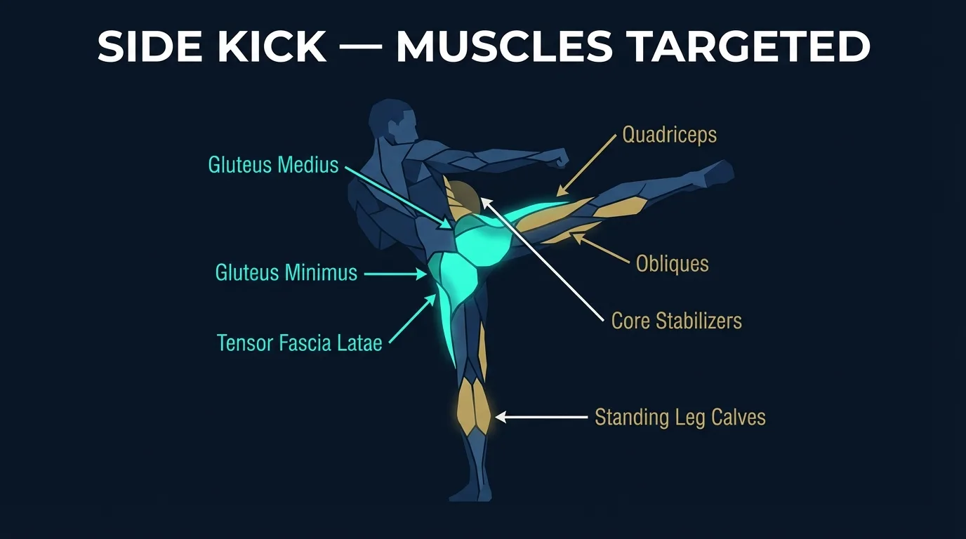 Side kick exercise muscles targeted diagram showing gluteus medius, gluteus minimus, tensor fascia latae, quadriceps, obliques, and standing leg stabilizers during the lateral kicking movement