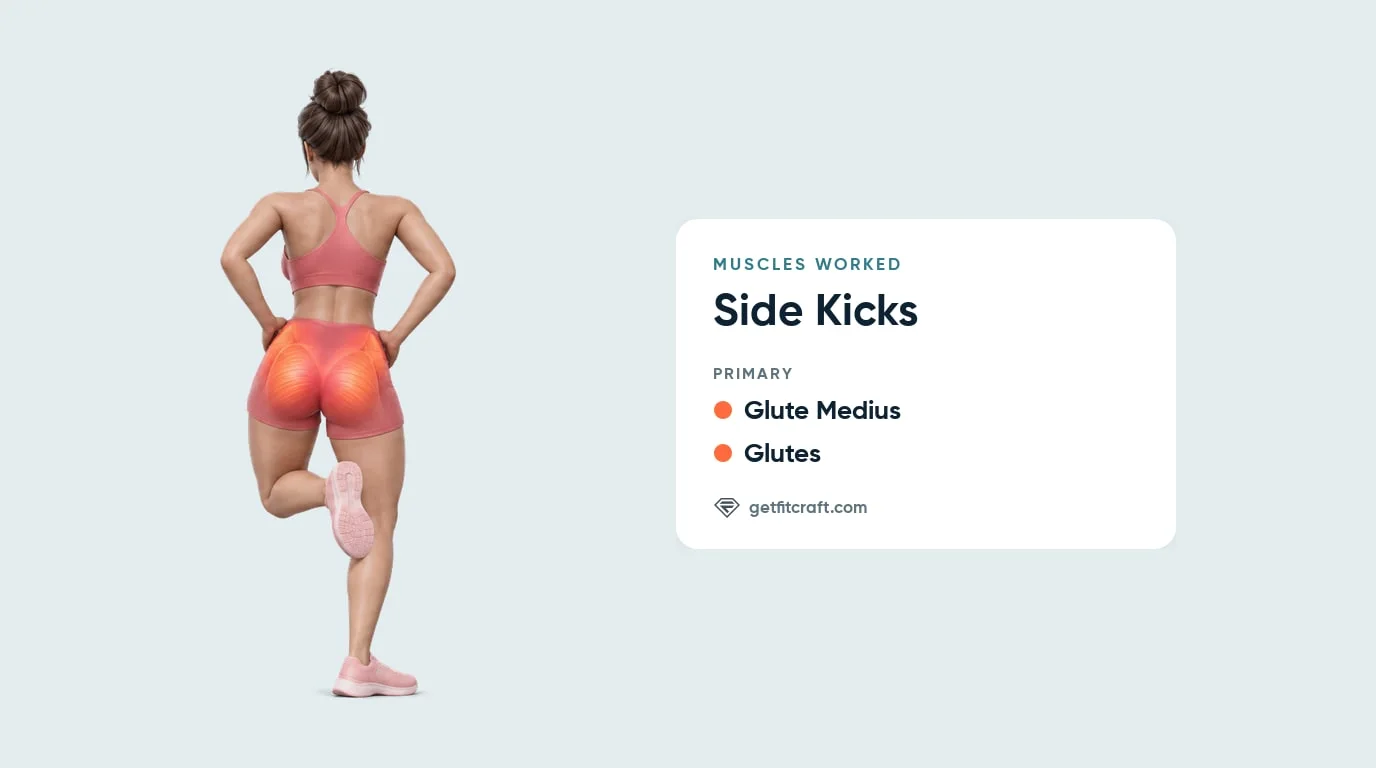 Side kicks muscles worked: glute medius and glutes highlighted from behind, one heel kicked up and both hands on the hips