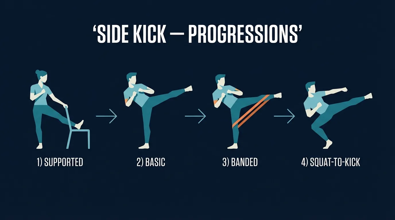 Side kick exercise progressions from supported side kick with chair to basic side kick to banded side kick to squat-to-side-kick combination