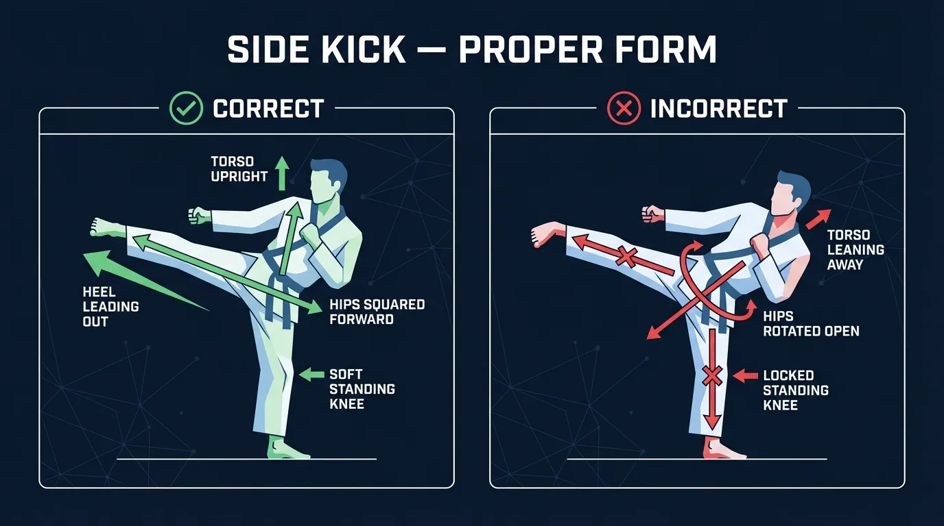 Side kick exercise proper form showing upright torso, heel-led kick to hip height, soft standing knee, and hips squared forward throughout the movement