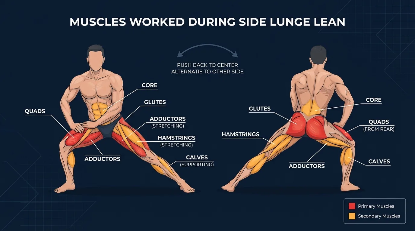 Side lunge lean muscles targeted diagram showing gluteus maximus, quadriceps, and hip adductors as primary movers with gluteus medius, hamstrings, and core stabilizers as secondary muscles