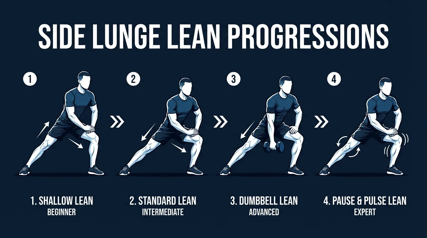 Side lunge lean progression from shallow hands-on-thigh supported version for beginners to deeper bodyweight version to a tempo paused variation with a hold at the bottom of each rep
