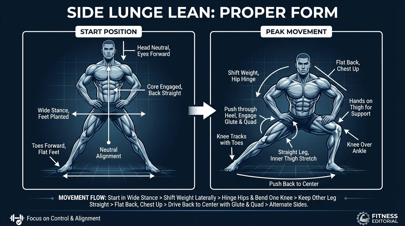 Side lunge lean proper form showing wide-stance starting position with both feet planted flat, weight shifted to one side with the working knee bent and the opposite leg straight, hands pressed onto the working thigh for support