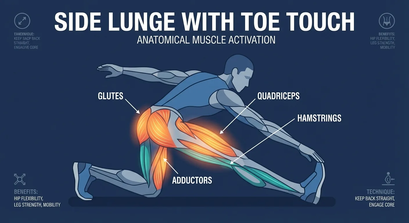 Side lunge toe touch muscles worked diagram highlighting quads, glutes, adductors on the lunging leg and hamstring stretch on the opposite side