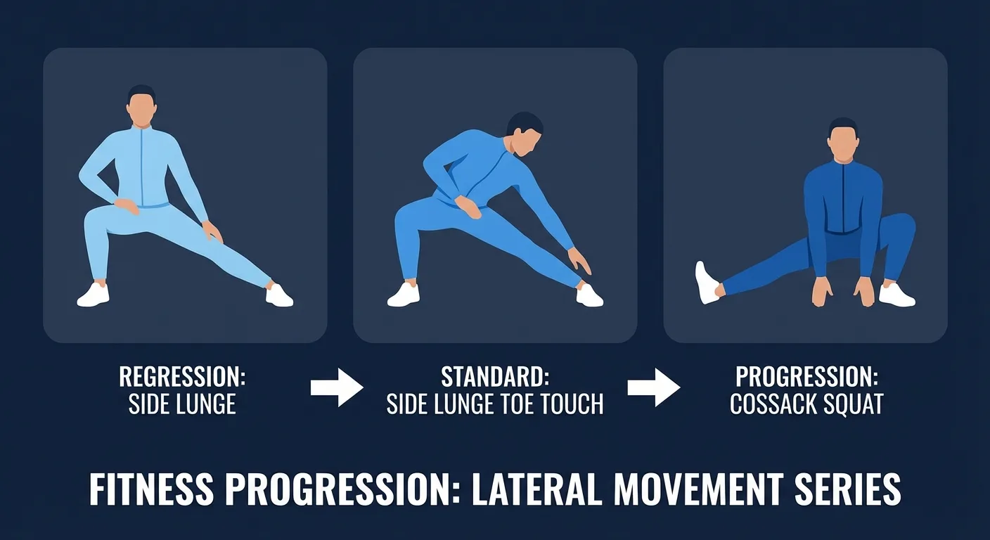 Side lunge toe touch variations showing side lunge regression, standard side lunge toe touch, and cossack squat progression
