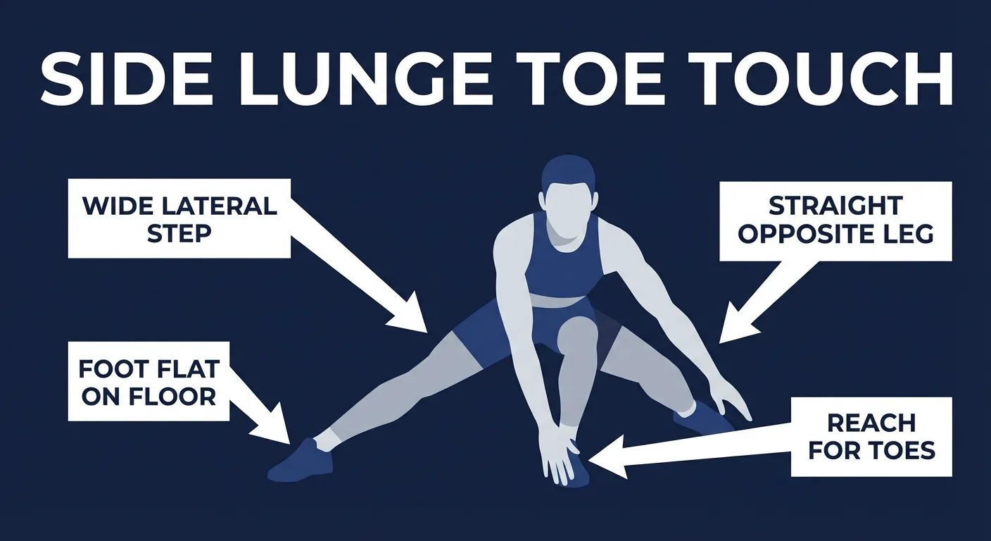 Side lunge toe touch proper form showing wide lateral step, bent lunging leg, straight opposite leg planted flat, and opposite hand reaching for the toes