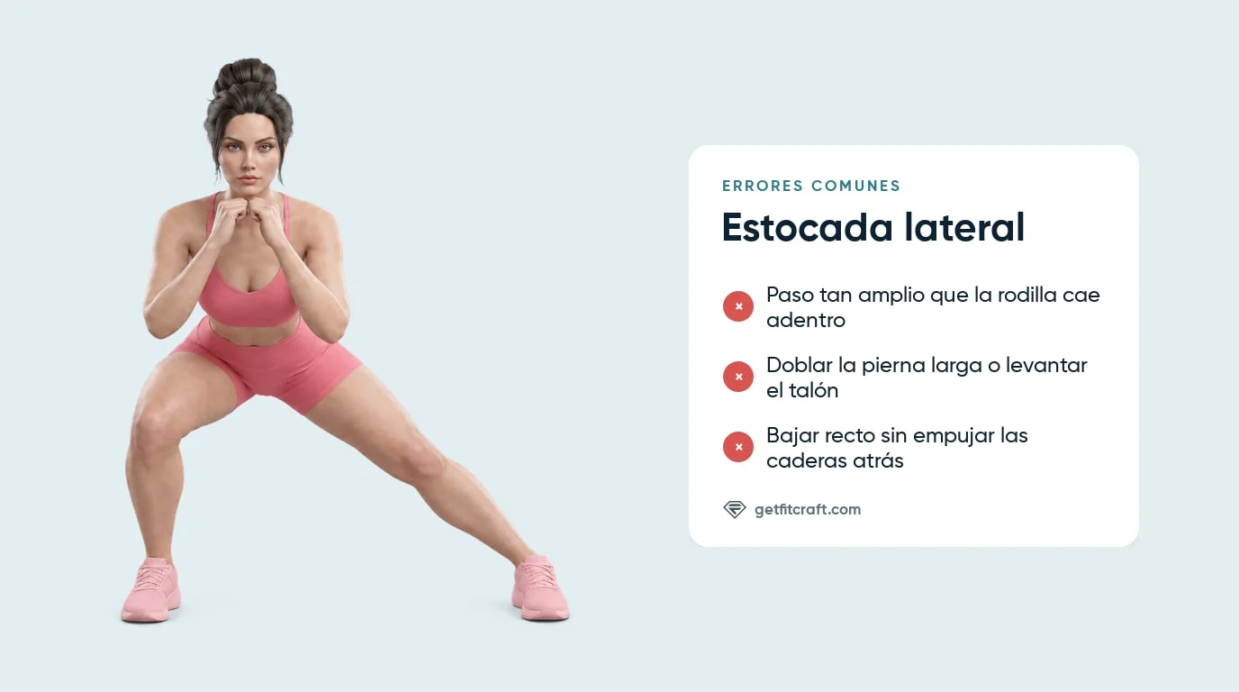Errores comunes de las estocadas laterales junto a la estocada correcta, con las caderas atrás y la pierna larga recta
