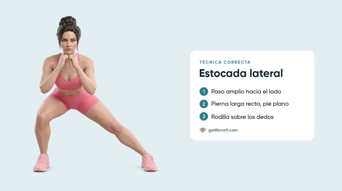 Técnica de la estocada lateral: caderas atrás sobre la rodilla flexionada, pierna larga recta, pie plano, manos en guardia