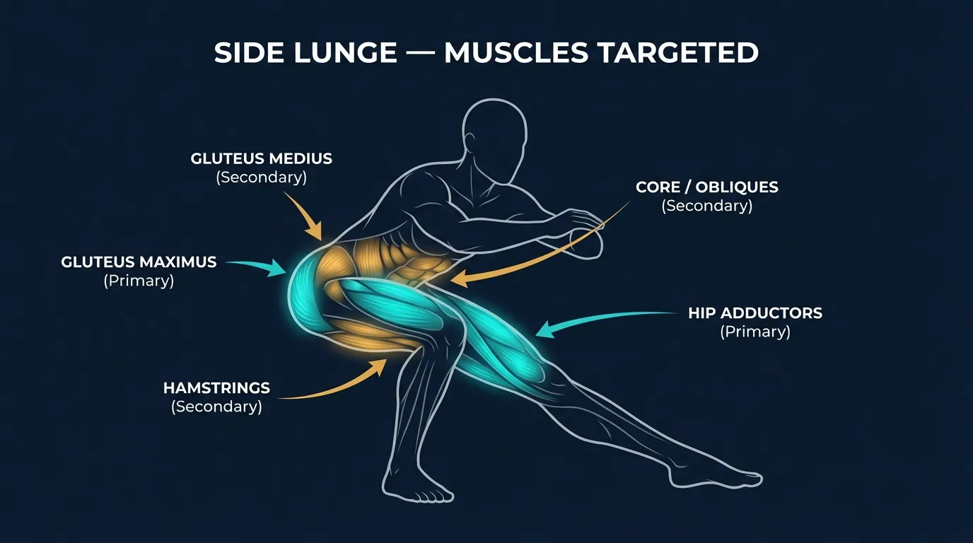 Side lunge muscles targeted diagram showing gluteus maximus, quadriceps, and hip adductors as primary movers with gluteus medius, hamstrings, and core stabilizers as secondary muscles