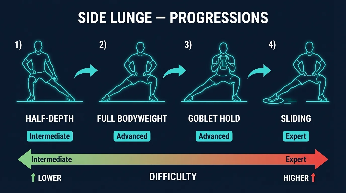Side lunge progression from half-depth bodyweight to full-depth bodyweight to dumbbell goblet side lunge to barbell lateral lunge, showing increasing difficulty